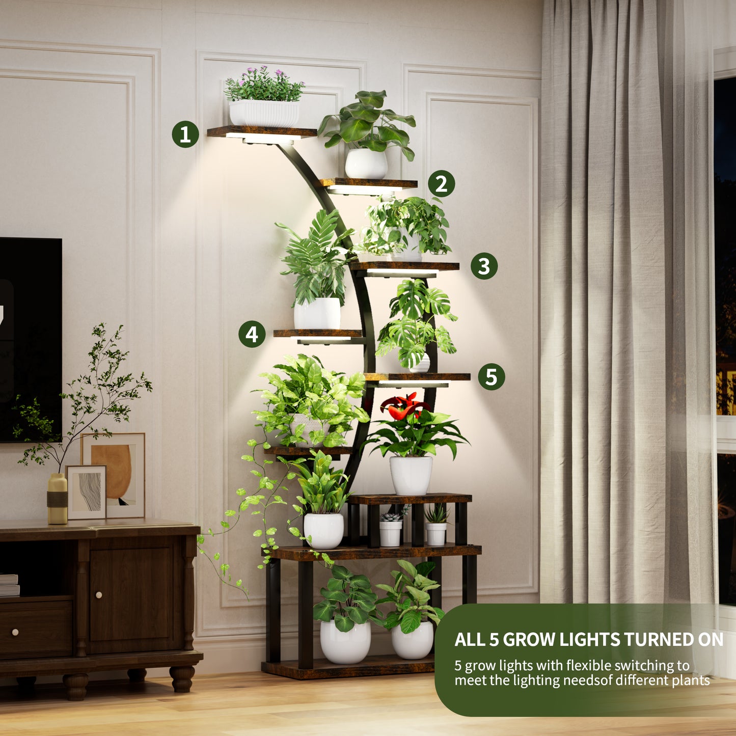 Plant Stand Indoor 9-Tiered , 63.6  Tall Plant Stand With 5 Grow Lights, Adjustable Lighting Modes  5 3 2 Lights , 10-Level Dimming & 3 Timer Settings, Energy-Efficient, Perfect For Plant Growth