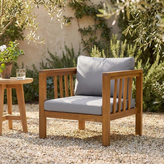 Outdoor Acacia Wood Club Chair With Modern Square Arms, Patio Chair With Thick Cushion, Adjustable Leveling Feet For Poolside,  Deck, Grey Cushion