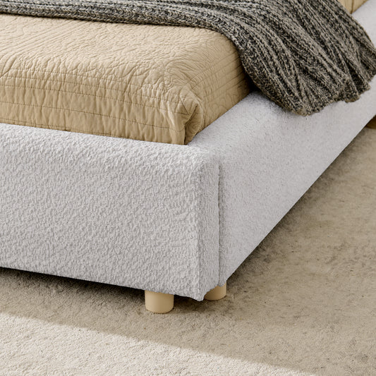 Queen Size Upholstered Bed Frame, Modern Minimalist Style With Tall Curved Headboard, Premium Circle Yarn Fabric & Sturdy Leg Support, Mattress Not Included-Beige