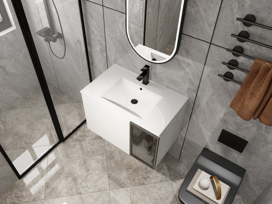 30  Wall-Mounted Bathroom Vanity With Ceramic Sink, 2-Soft Close Doors,Glossy White Vanity & Grey Glass 1 2 Door, Plywood  KD-Packing