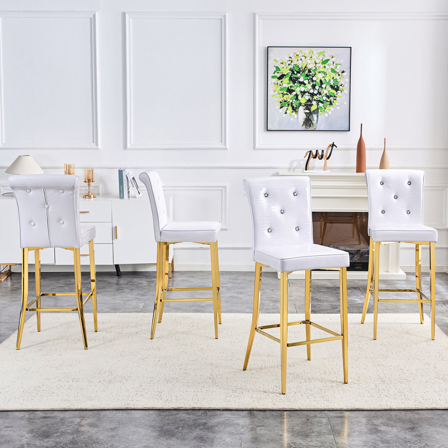 A Set Of 2 White And Gold Vintage Crocodile Leather Bar Chairs, Featuring Crystal Clasp Design And Synthetic Leather Design, Adding A Touch Of Elegance And Mystery To The Dining Area