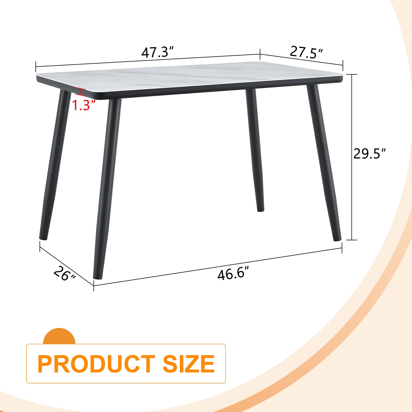 Modern Minimalist Rectangular Dining Table,suitable For 4-6 People.Tempered Glass Countertop Lower MDF Board,imitation Marble Texture,black Metal Tapered Legs.Suitable For Minimalist Restaurants