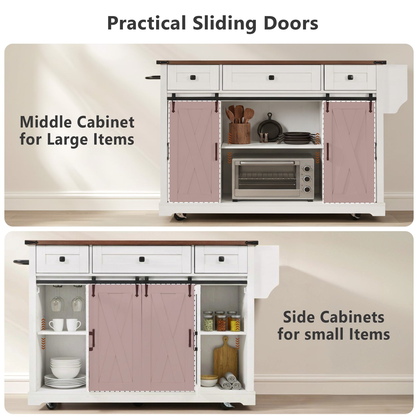 K&K 58 Farmhouse Kitchen Island With Storage,Sliding Barn Door & Metal Grid Side Door,Rolling Kitchen Island On 5 Wheels With Spice Rack,Glass Holders,Island Table With Drop Leaf For Kitchen,White
