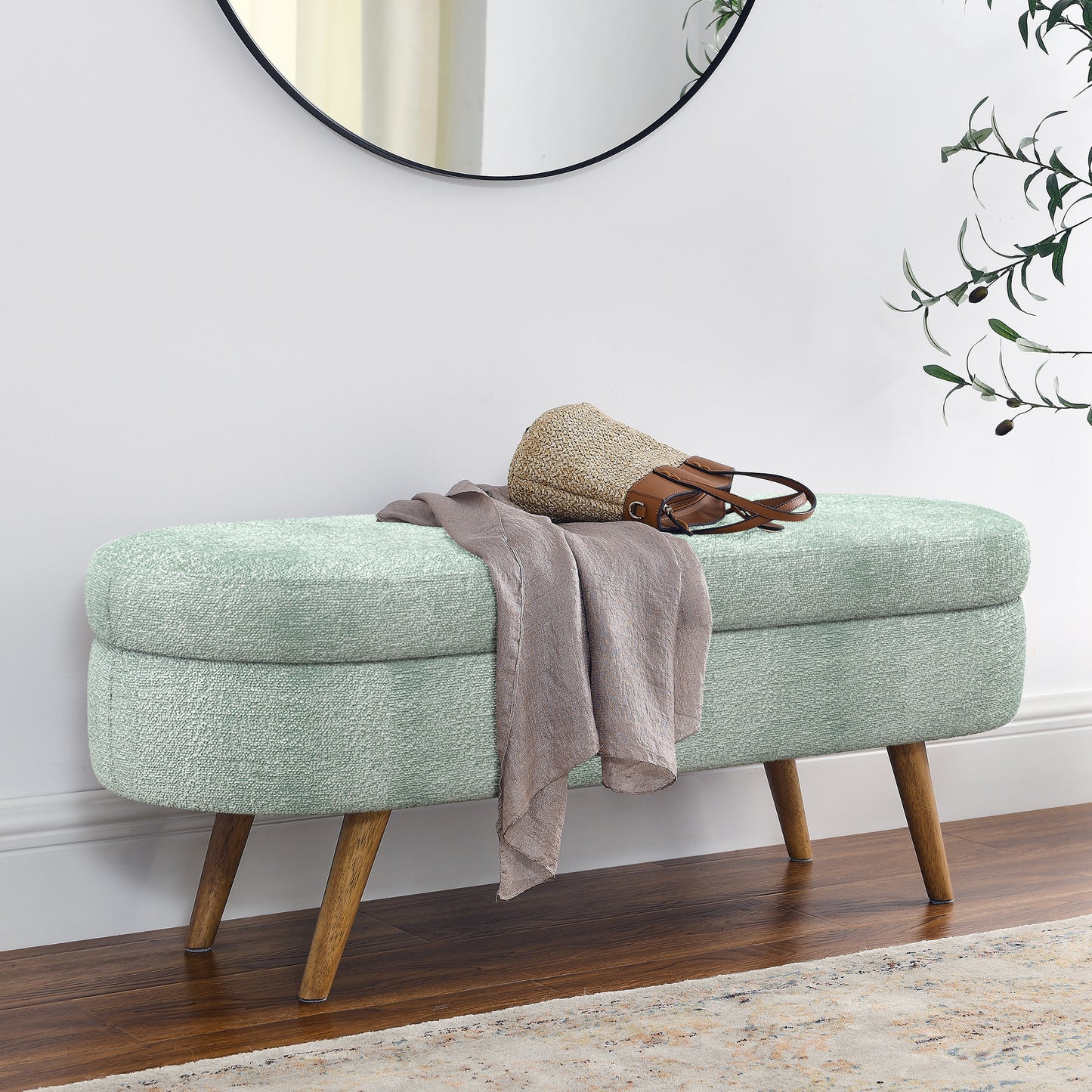 Ottoman Oval Storage Bench,Rubber Wood Legs, Gray 43.5x16x16 Cyan