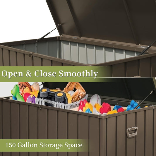 150 Gallon Outdoor Storage Deck Box Waterproof, Large Patio Storage Bin For Outside Cushions, Throw Pillows, Garden Tools, Lockable, Resin Bottom  Dark Brown