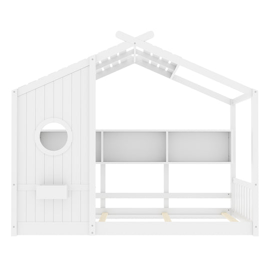 Twin Size Floor House Bed For Toddler, Kids Montessori Bed  With Storage Shelf, Playhouse Bed With Roof Design, White