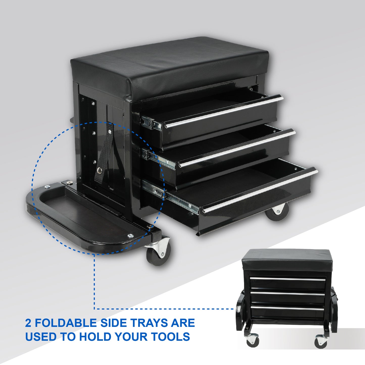 3-Drawer Tool Chest Rolling Mechanic Seat With Tool Trays,350lbs Max Weight Capacity,Black