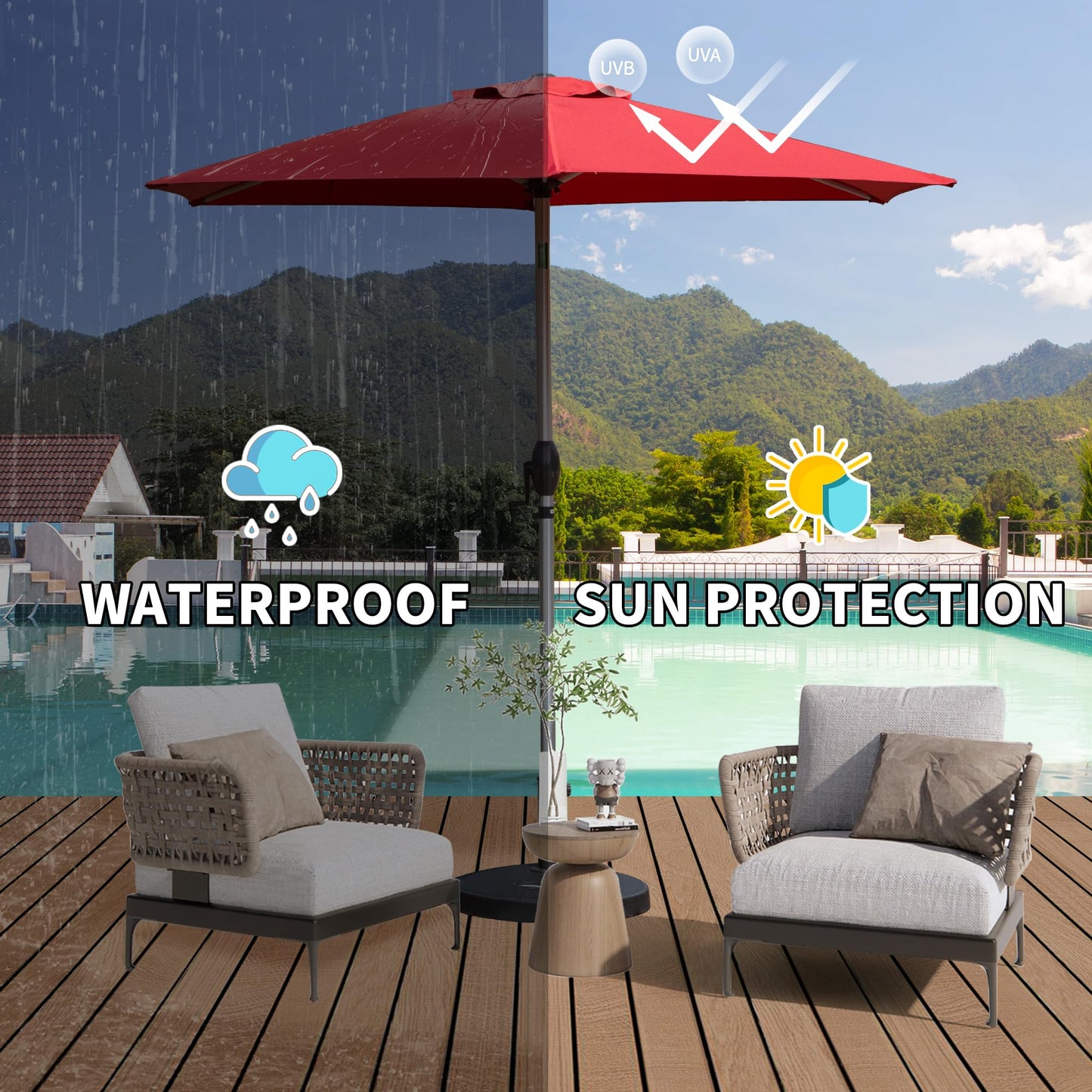 7.5FT Patio Umbrella, Outdoor Table Umbrella With Push Button Tilt And Crank, UV Protection Waterproof Market Sun Umbrella With 6 Sturdy Ribs For Garden, Deck, Backyard, Pool   Brick Red