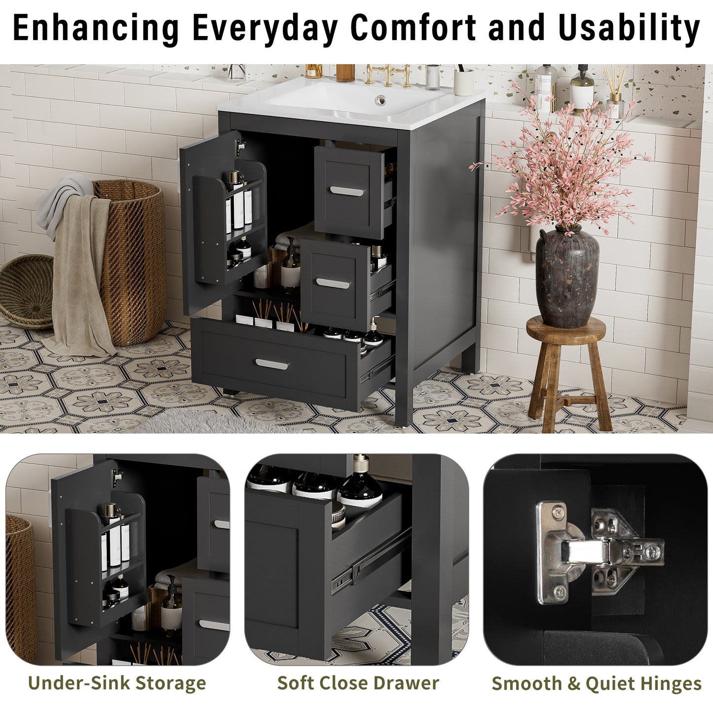 Modern 24-inch Bathroom Vanity With Ceramic Sink, Soft-Close Door, Double-Layer Door Shelf, And 3 Drawers