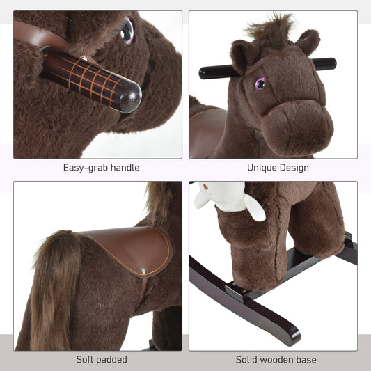 Kids Plush Ride-On Rocking Horse With Bear Toy, Children Chair With Soft Plush Toy & Fun Realistic Sounds, Brown