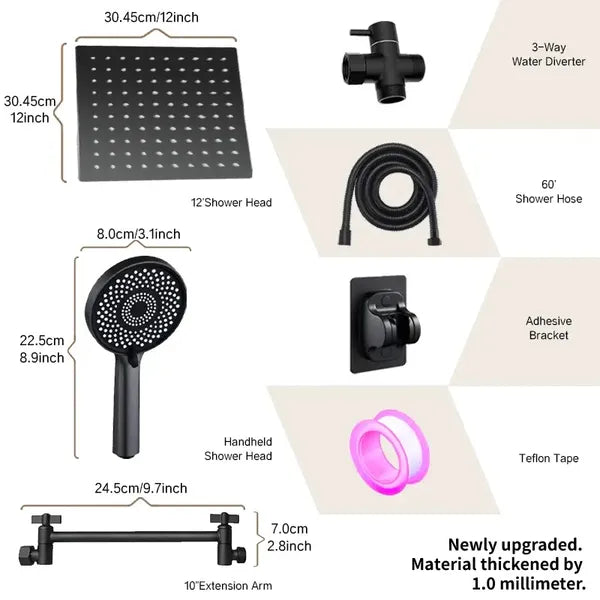 Luxury Bathroom Upgrade - 12-inch Square Shower Head With 3 Spray Modes & 11-inch Arm