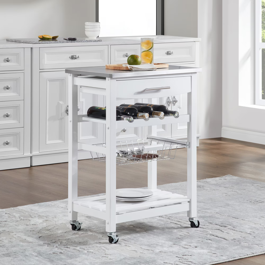 Mobile Rolling Kitchen Island Trolley Serving Cart With Underneath Drawer & Slide-Out Wire Storage Basket