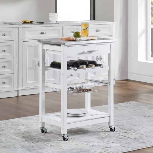 Mobile Rolling Kitchen Island Trolley Serving Cart With Underneath Drawer & Slide-Out Wire Storage Basket
