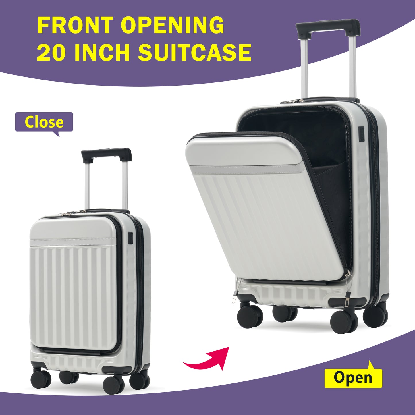 Front Opening Luggage Set 3 Piece, Hardside Carry On Suitcase With USB Port, Expandable Luggage With Handle Bag Spinner Wheels TSA Lock