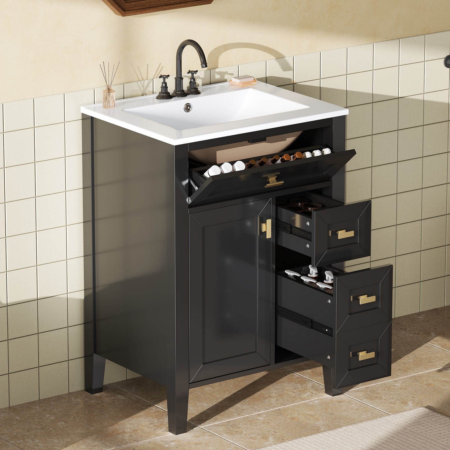 24'' Black Bathroom Vanity With Sink, MDF & Rubberwood Construction, 3 Drawers & Cabinet With 2-Tier Door Storage Rack, Soft-Close Door & Drawers, Modern Design For Small To Medium Bathrooms