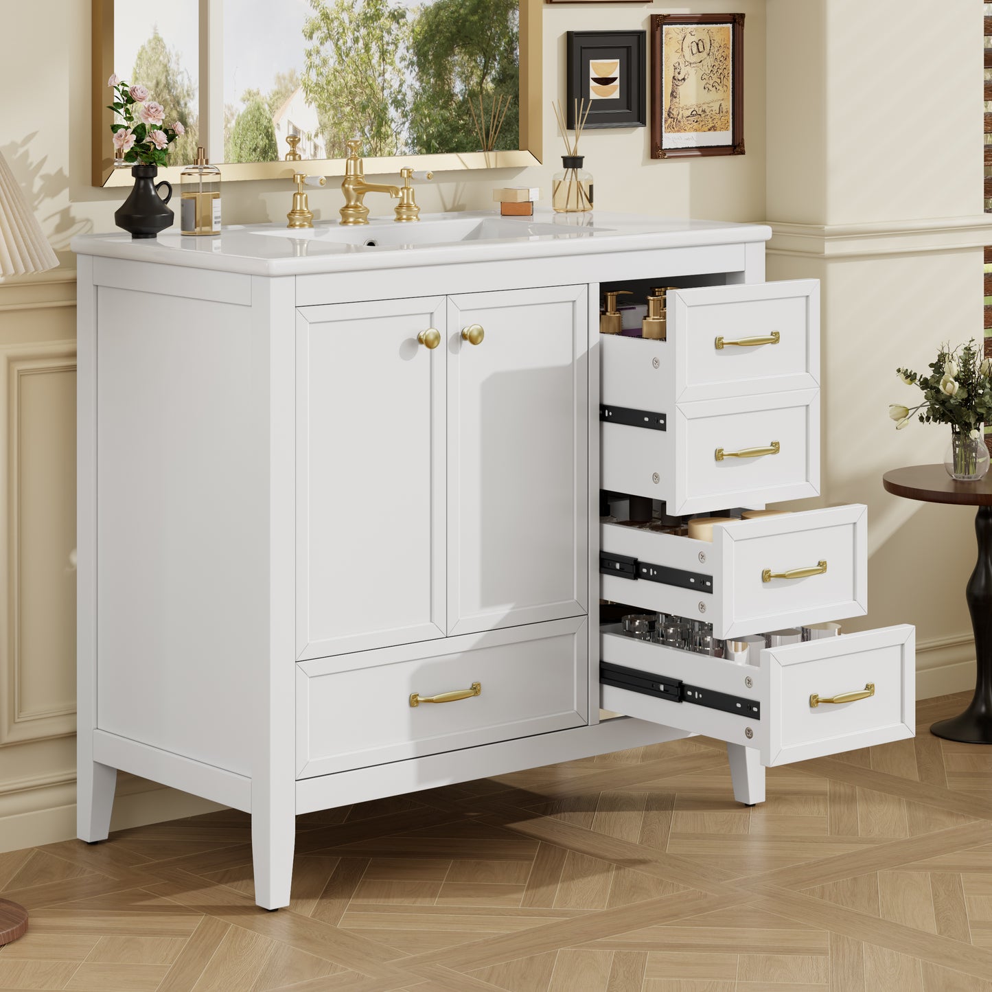 36  Bathroom Vanity With Sink, Bathroom Cabinet With Soft-Closing Door, 4 Drawers Of Different Sizes, Solid Wood Frame And Leg, Two Packages, White