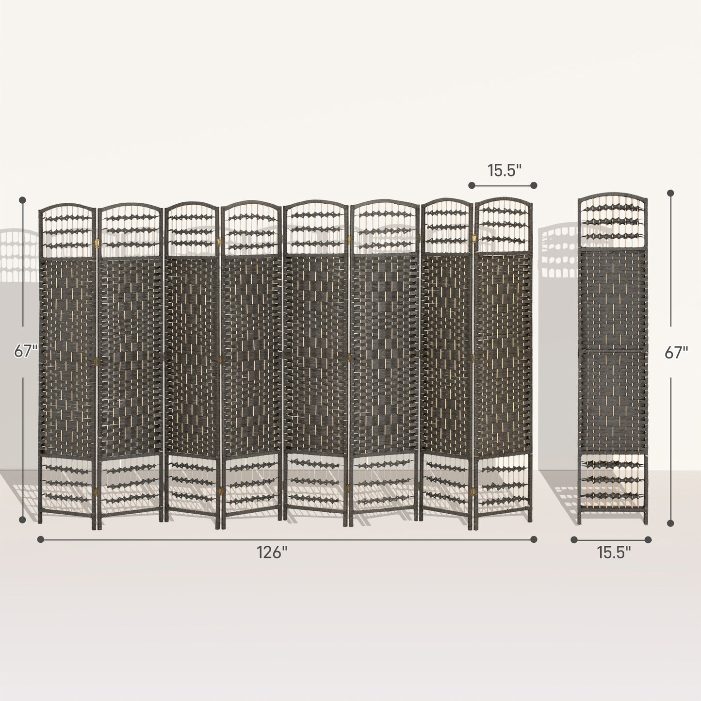 8 Panel Folding Room Divider Portable Privacy Screen Wave Fiber Room Partition For Home Office Dark Gray