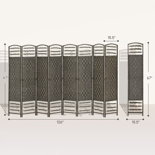 8 Panel Folding Room Divider Portable Privacy Screen Wave Fiber Room Partition For Home Office Dark Gray