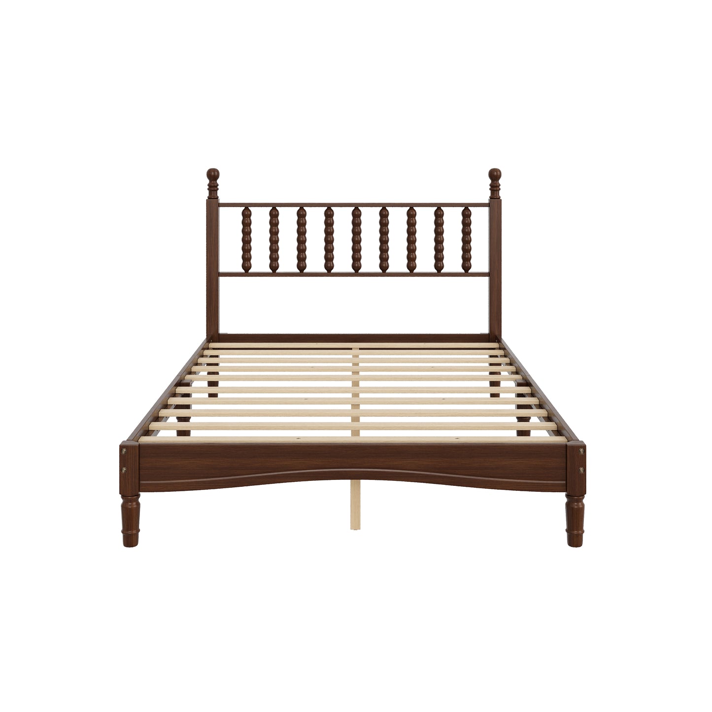 Full Size Wood Platform Bed With Gourd Shaped Headboard,Retro Style Platform Bed With Wooden Slat Support,Walnut