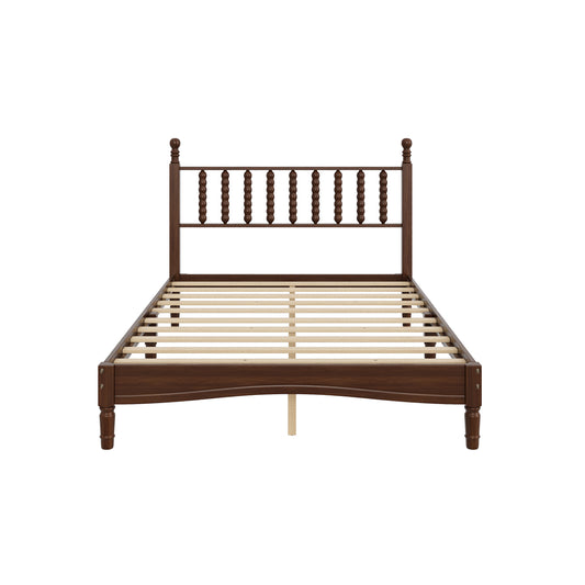 Full Size Wood Platform Bed With Gourd Shaped Headboard,Retro Style Platform Bed With Wooden Slat Support,Walnut