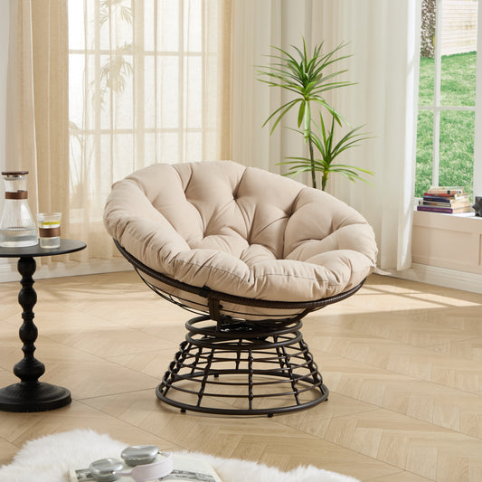 Comfortable Ergonomic Wicker Papasan Chair, 360 Swivel Indoor Outdoor Rattan Chair With Soft Thick Cushion, Ideal For Living Room, Bedroom, Reading Room, Brown Frame With Beige Cushion