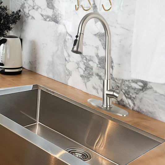 Brushed Nickel Pull-Down Kitchen Faucet - Single Hole Deck Mount With Stainless Steel Sprayer & Single Handle Control