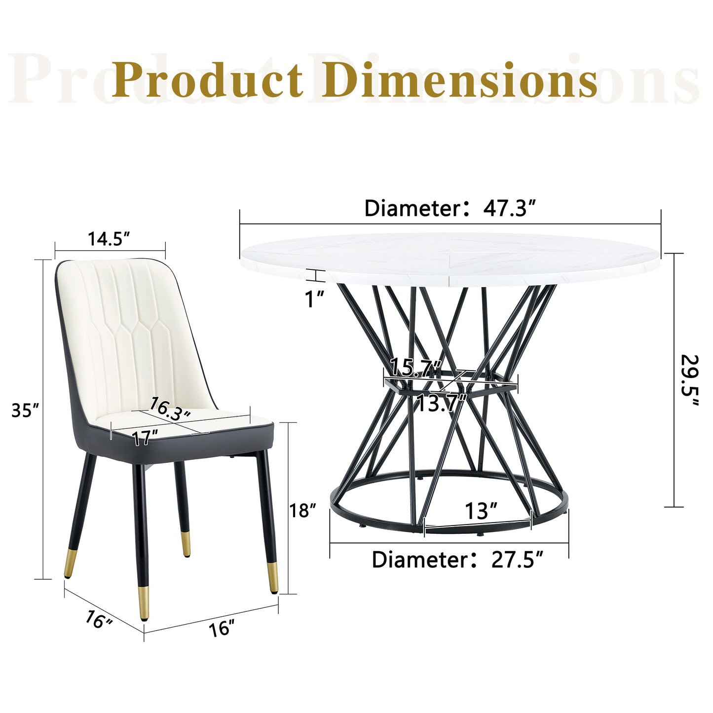 Table And Chair Set.A Circular White MDF Dining Table With A Diameter Of 47.3 Inches, Black Hourglass Shaped Metal Brackets.Paired With 4 White And Dark Gray Spliced Color PU Chairs.