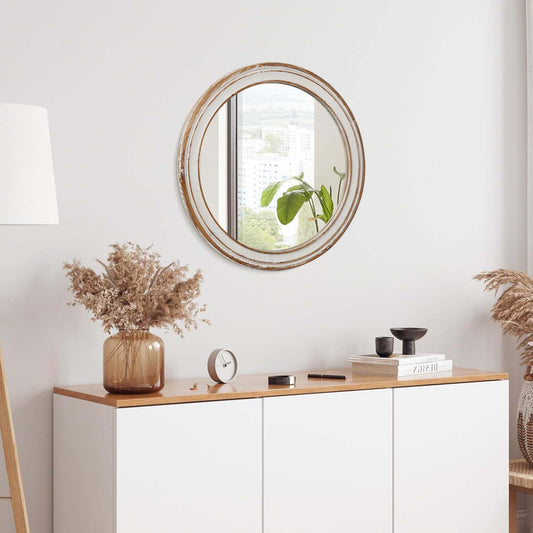 23.62 Inches Round Wall Mirror For Bathroom Vanity, Wooden Farmhouse Circle Mirrors For Bedroom, Entryway, Living Room, Kithen Whitewash Edge Decorative Mirror For Home, Office