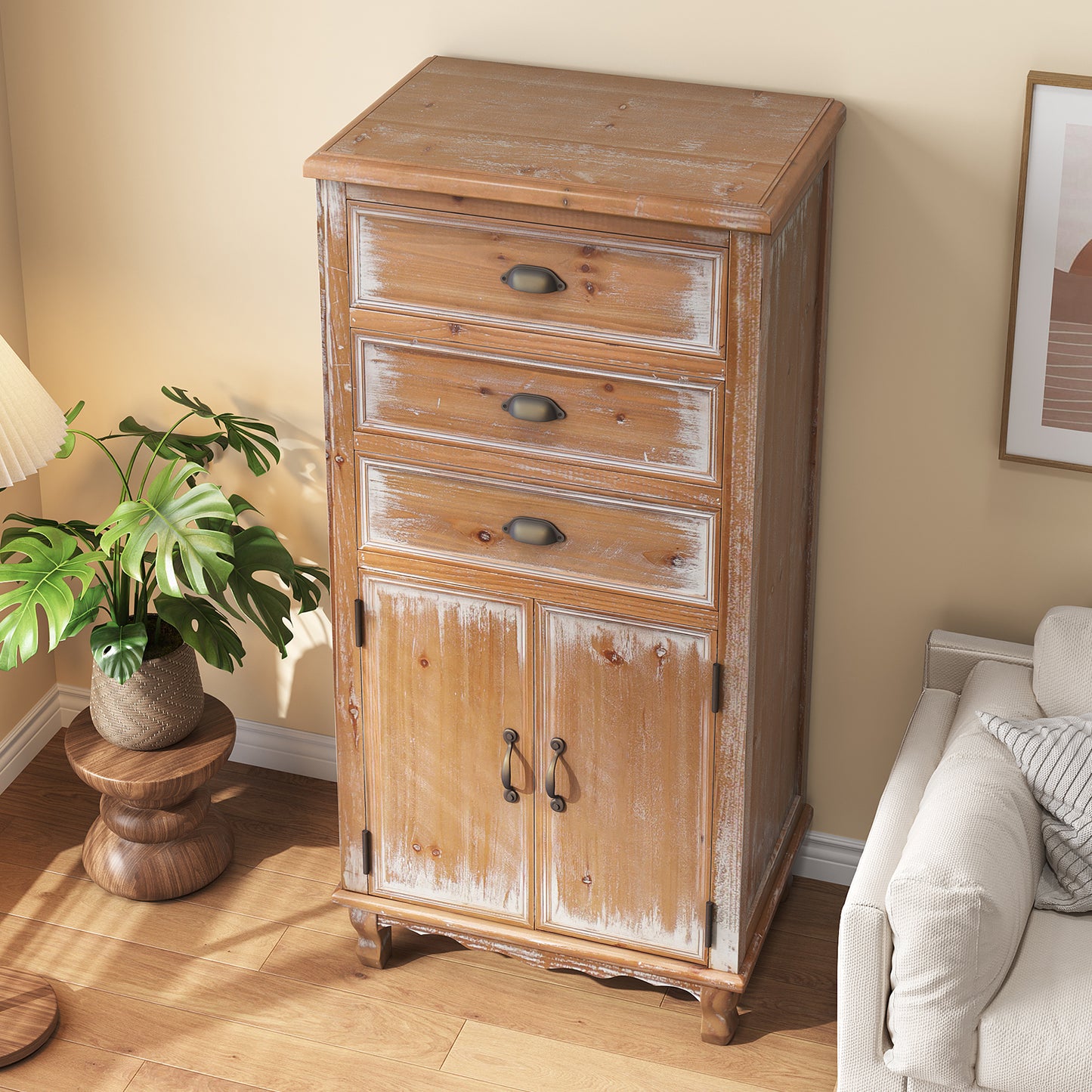 Rustic Wooden Storage Cabinet With Decorative Cutout Door & 3 Drawers, Tall Narrow Organizer For Living Room, Bedroom Natural Wood