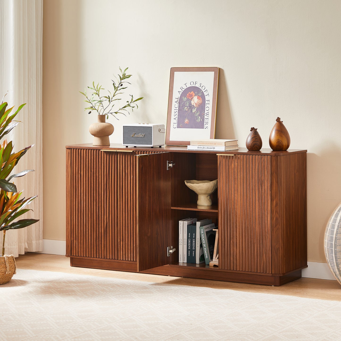 63  Vertical Stripe Buffet Cabinet Sideboard With Stoarge, Curved Wave Design, TV Stand, For Bedroom, Living Room, Hallway, Walnut,63 W X 15.75 D X 31.5 H.