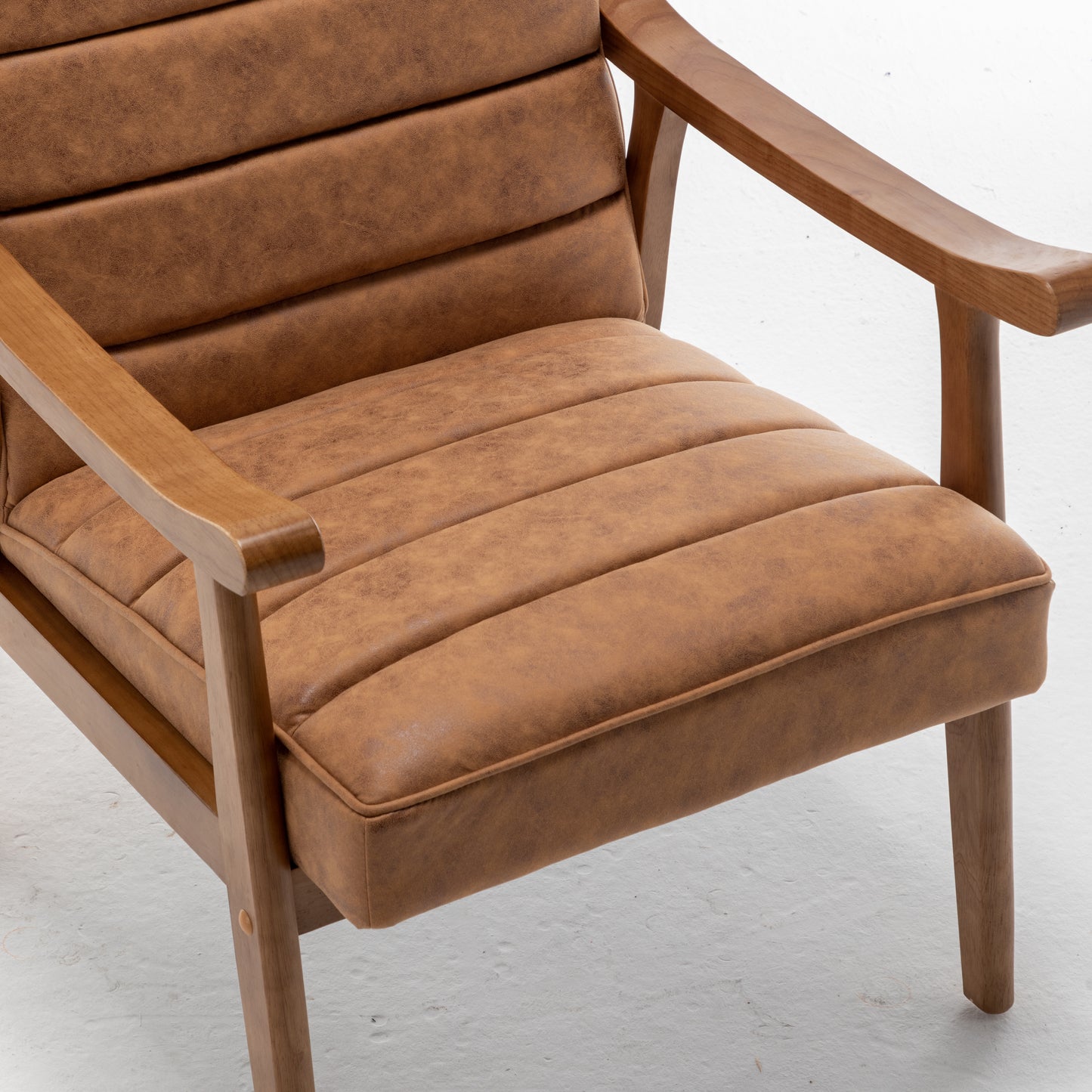 Mid-Century Modern Accent Chair, Solid Wood Frame Leather Look Microfiber Armchair With Open-Framed Arm Design, Plush Padded Seat And Back Cushion For Living Room Bedroom