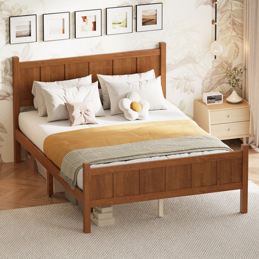 Full Size Flat Panel Bed With Headboard & Footboard, Minimalist Modern Platform Bed With Wood Grain Finish, Shaker And Farmhouse Style Design, Sleek And Functional Bedroom Furniture,Light Walnut