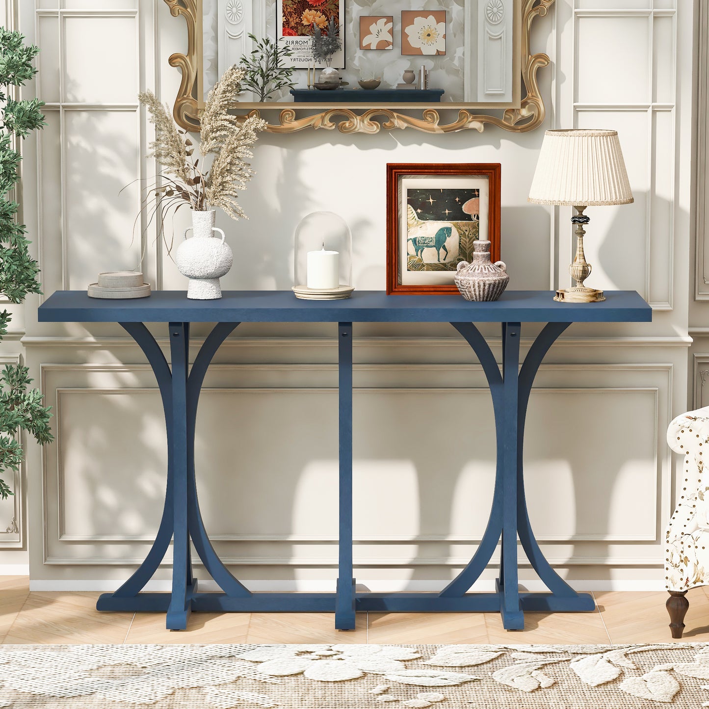 U- Style 59.8  Wooden Console Table With Oak Veneer Top Farmhouse Entryway Table With Rubber Wood Slender Curved Legs Perfect For Living Room Entryway Hallway  Dining Spaces.