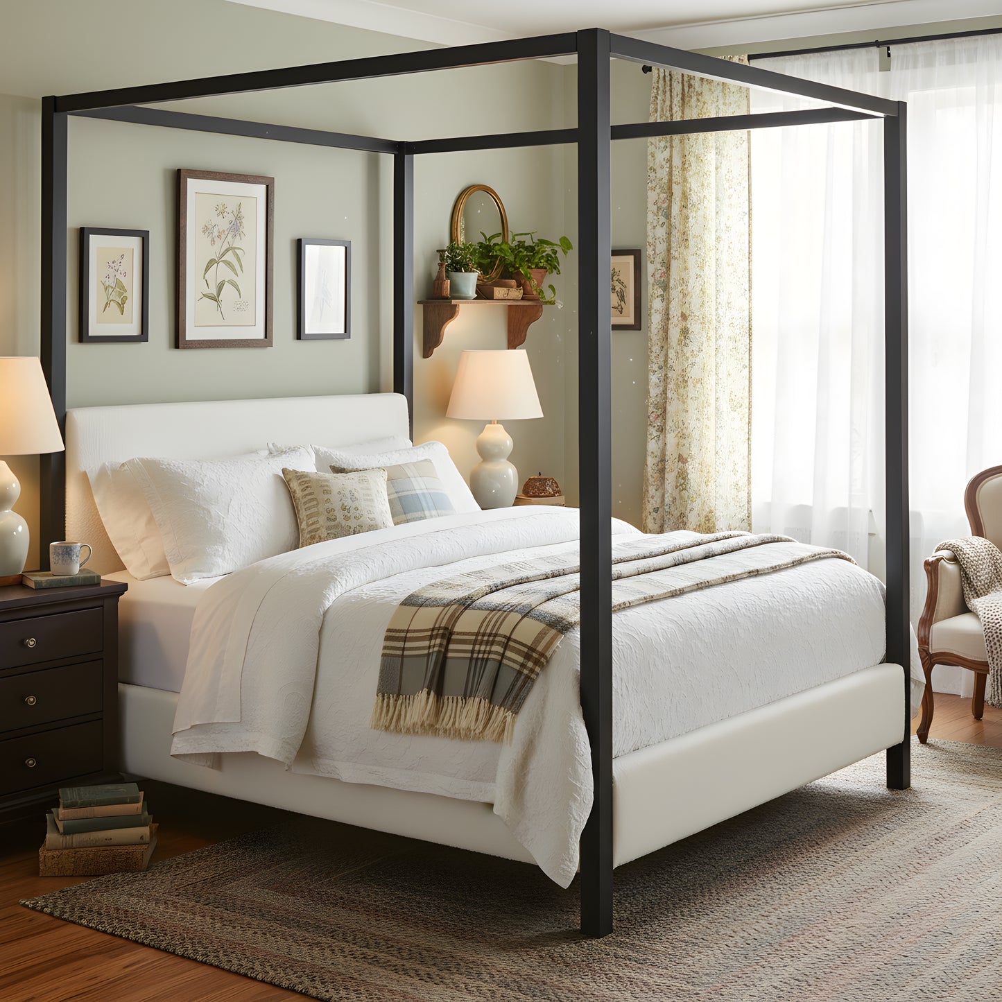 Modern Black Metal Canopy Bed With Plush White Boucle Upholstery, Queen