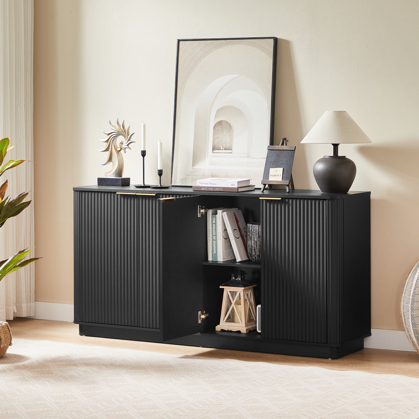 63  Vertical Stripe Buffet Cabinet Sideboard With Stoarge, Curved Wave Design, TV Stand, For Bedroom, Living Room, Hallway, Black,63 W X 15.75 D X 31.5 H.