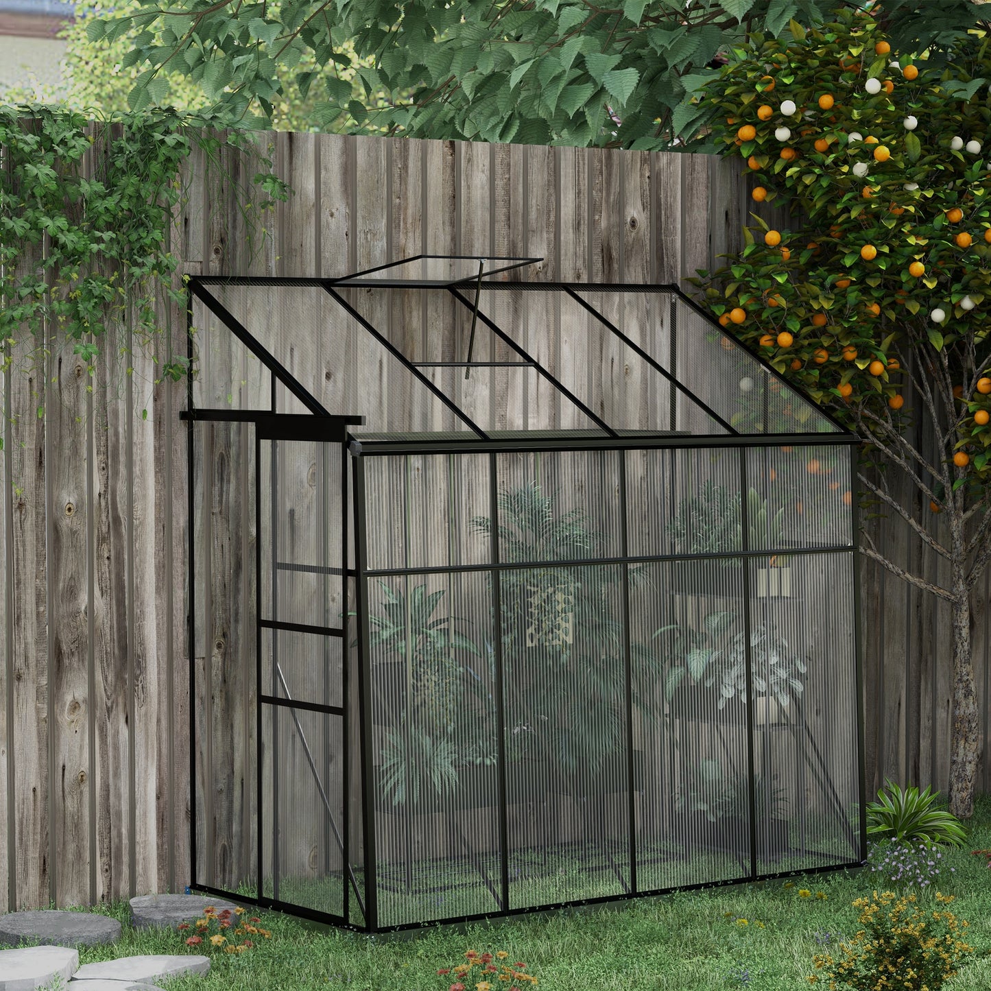 8' X 4' Walk-in Polycarbonate Greenhouse, Lean-to Aluminum Green House With Rain Gutter And Foundation, Black