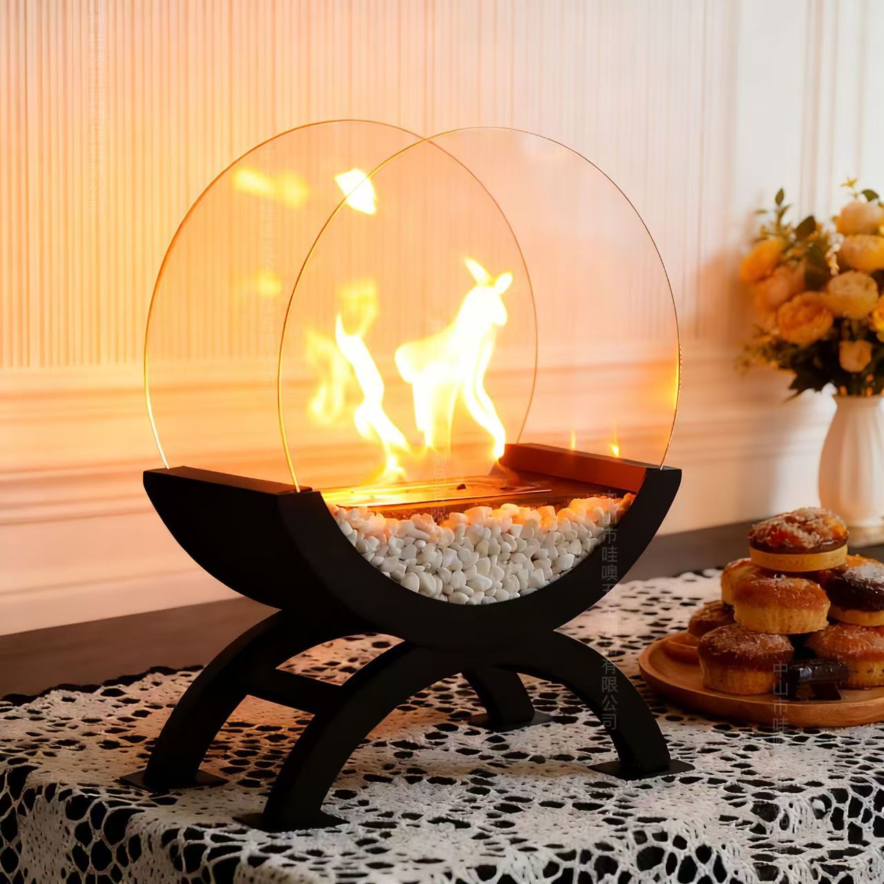 Large Round Glass Tabletop Fireplace  Portable Fire Bowl Clean Burning Fire Pit For Indoor, Outdoor, Patio & Party Events