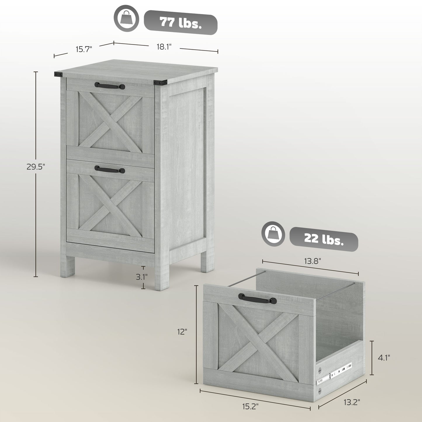 Vertical File Cabinet With 2 Drawers, Rustic Farmhouse Office Storage Cabinet For A4, Letter Size, Distressed Light Gray