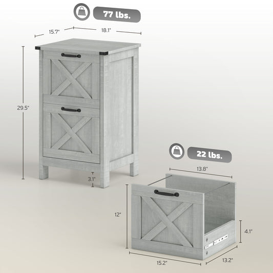 Vertical File Cabinet With 2 Drawers, Rustic Farmhouse Office Storage Cabinet For A4, Letter Size, Distressed Light Gray