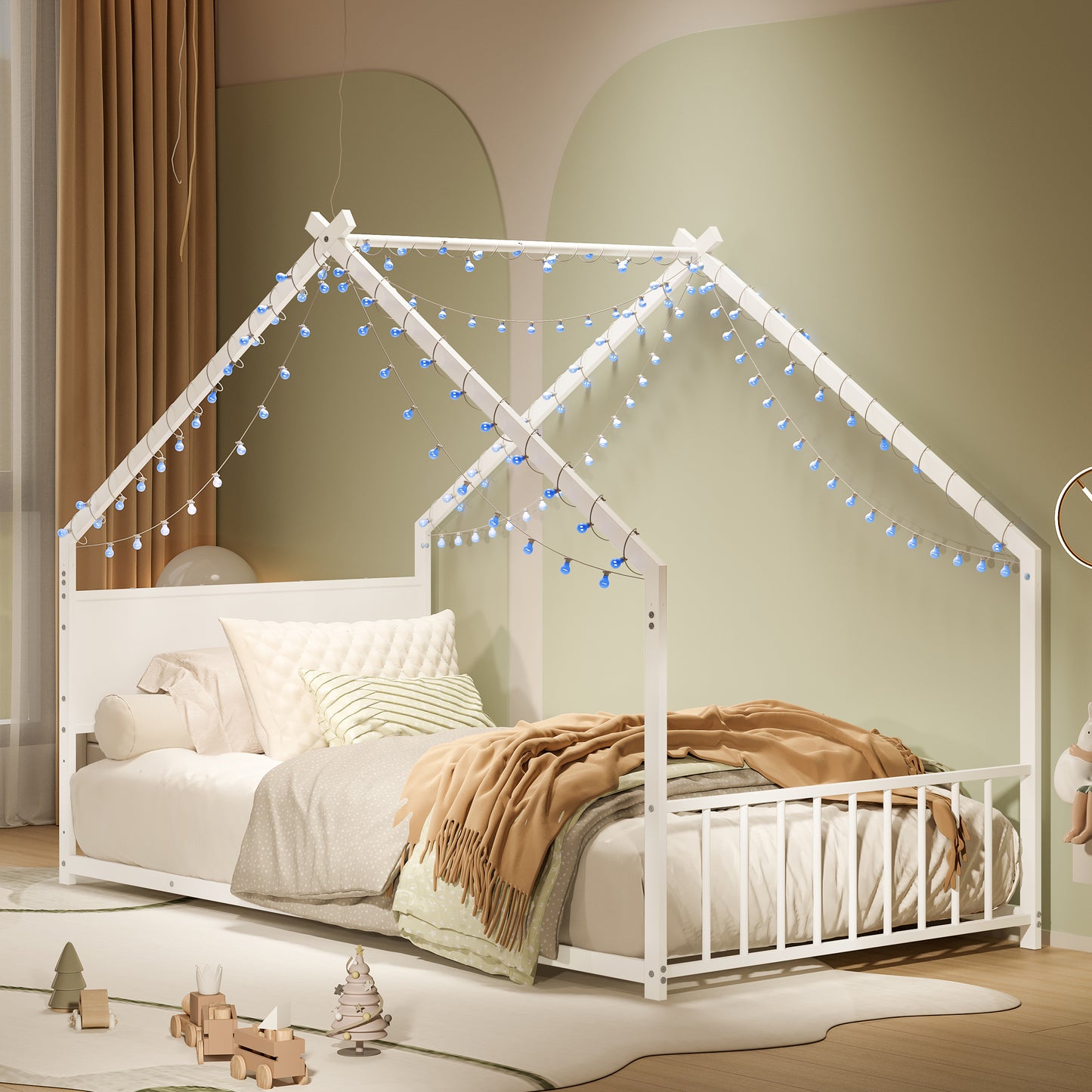Twin Size House Bed With Roof And Colorful Lights, Metal Bed Frame With Slats And Legs, House Bed For Boy, Girls And Young Teens, No Box Spring Needed White