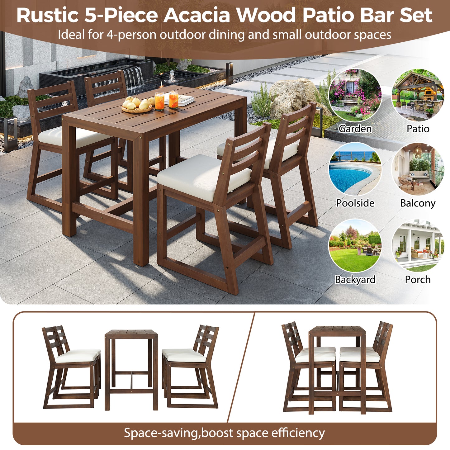 TREXM 5-Piece Rustic Patio Bar Set  Patio Table And Chairs Set With Ergonomic Chairs  Solid Wood Slatted Tabletop For Poolside  Balcony  Backyard  Porch  Mocha Beige Cushion