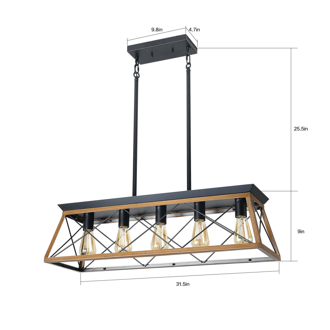 32in  Walnut Industrial 5-Light Pendant Chandelier, Modern Metal Cage Design, Adjustable Hanging Light For Dining Room, Kitchen, Living Room -No Bulbs