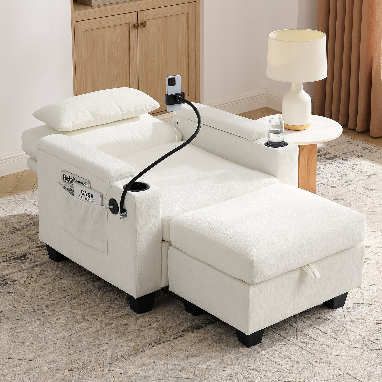 Single Sofa Recliner With Manually Adjustable Backrest, USB Charging Port On The Armrest Side, Phone Stand Included, Hidden Armrest Storage, And A Matching Storage Ottoman-Beige