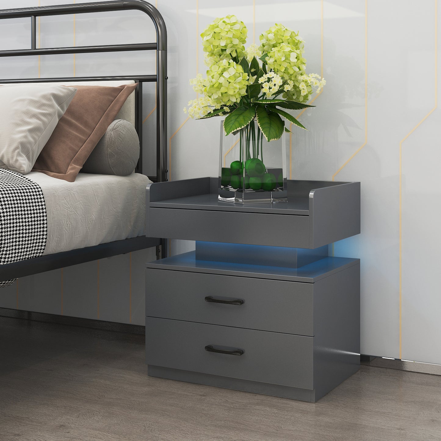 1 Set Nightstand With Adjustable LED Strip Light, 2-drawers, Large Storage Space, Suitable For Bedside Table, Coffee Table, Sofa Side Table Or End Table For Study Desk