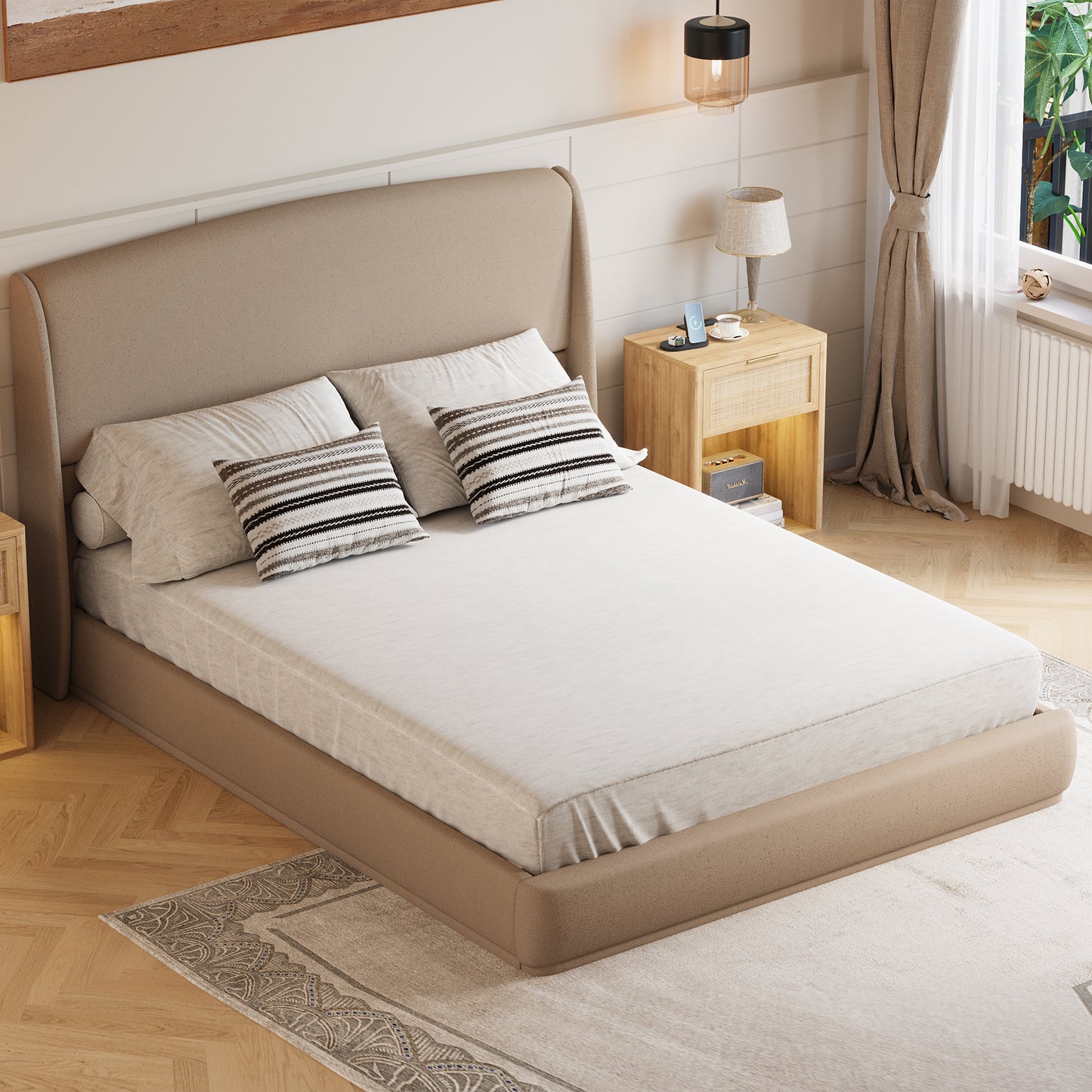 Upholstered Queen Bed Frame With Wingback Headboard, Low Profile Platform Bed With Padded Headboard, No Box Spring Needed, Easy Assembly, Elegant Linen Fabric, Brown