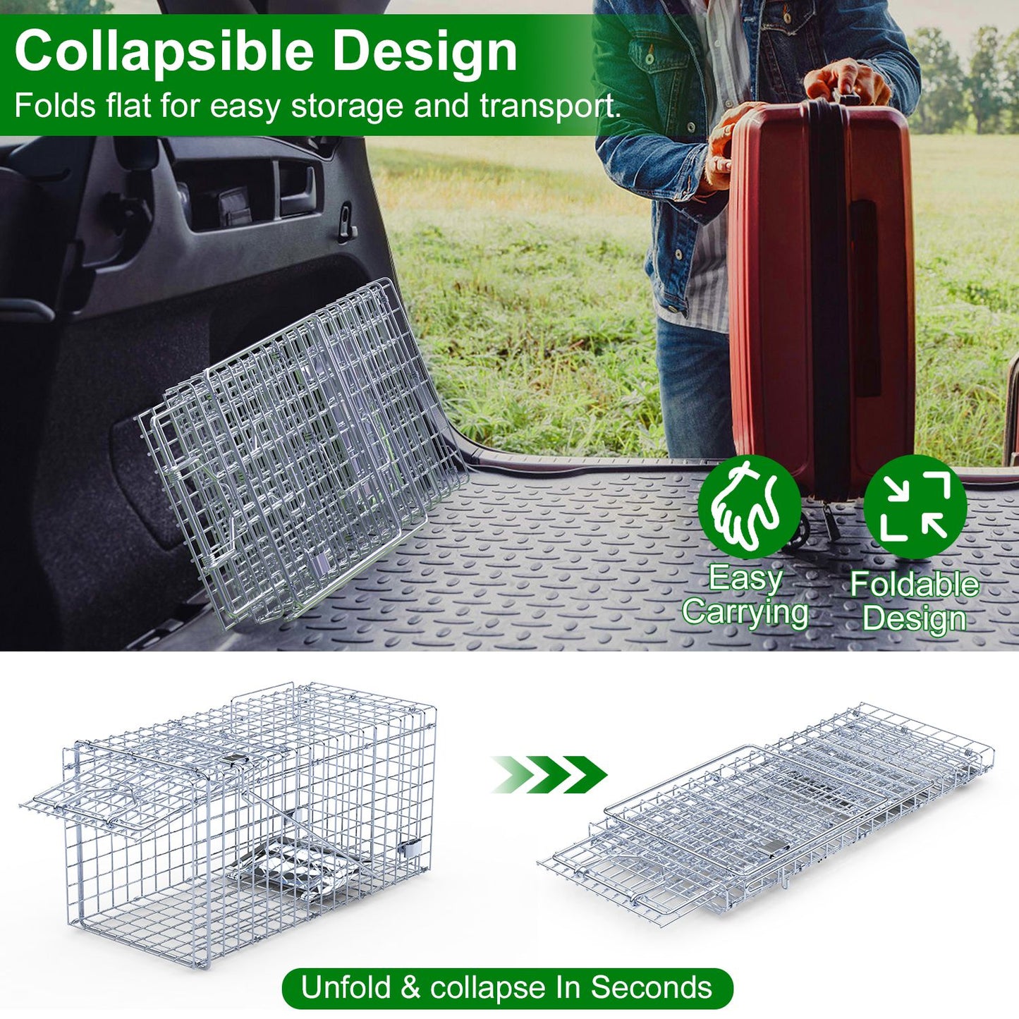 2Pcs 18x8x10In Humane Single Door Live Animal Trap For Spring Summer Collapsible Galvanized Iron Animal Cage Catch And Release For Small Squirrel Raccoon Feral Cat Weasel Armadillo Opossum
