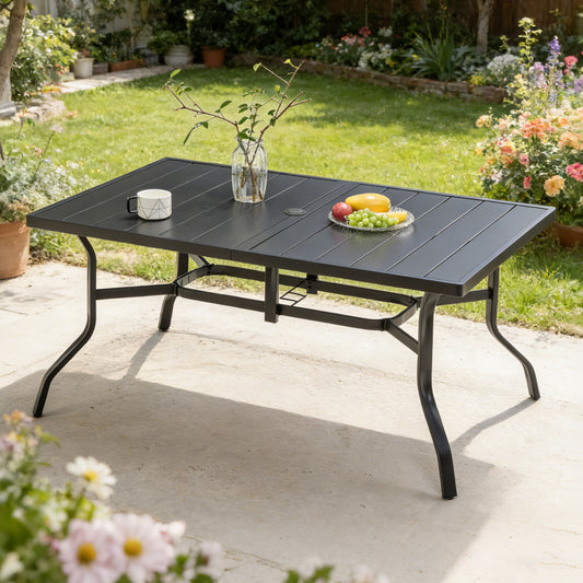Outdoor Dining Table For 6, Powder-Coated Steel Slat Top With 2.16  Umbrella Hole, Anti-Slip Pads, E-Coating Frame, All-Weather Black Patio Table For Garden, Poolside, Backyard