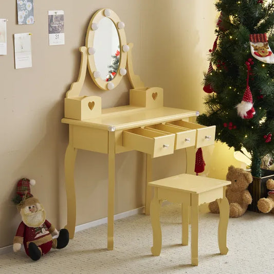 Kids Vanity Set With Mirror And Lights And Stool, 5 Storage Drawers, Pretend Play Princess Makeup Desk Dressing Table And Stool Set For Little Girls Age 3, Macaroon Orange