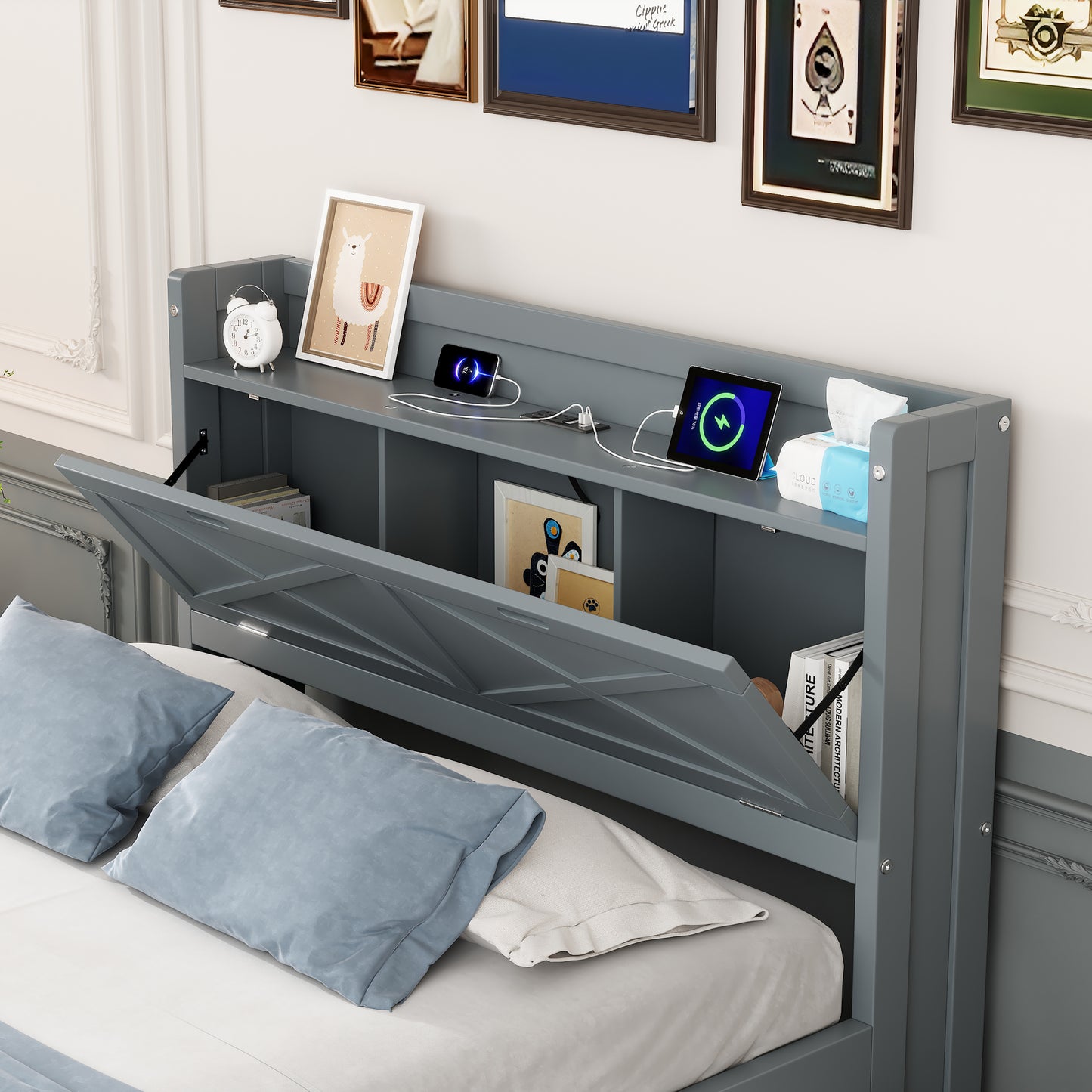 Full Size Wooden Bed With Storage Headboard With Outlets, Extendable Bed With Twin Size Trundle With Three Storage Drawers,Gray