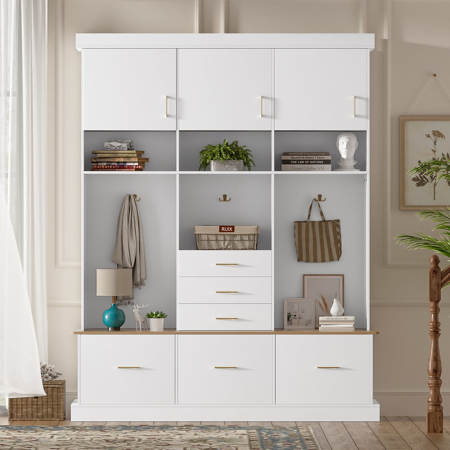 U-Can 75  H Entryway Hall Tree With Bench And Storage, 5-in-1 Modern Hall Tree With Coat Rack, 6 Drawers, 3 Cabinets And 3-Tier Top Storage For Hallway, Entryway, Living Room, Mudroom